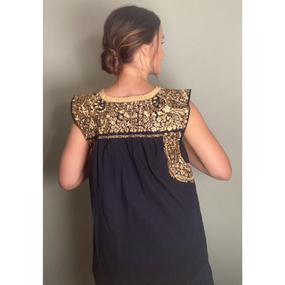 Mi Golondrina Medianoche Oro Seda Black & Gold Mexican Embroidered Blouse ~ Sz S - Picture 2 of 7